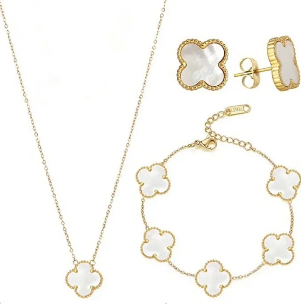 18K Gold Plated White Alhambra  Clover Earrings Bracelet & Necklace Set